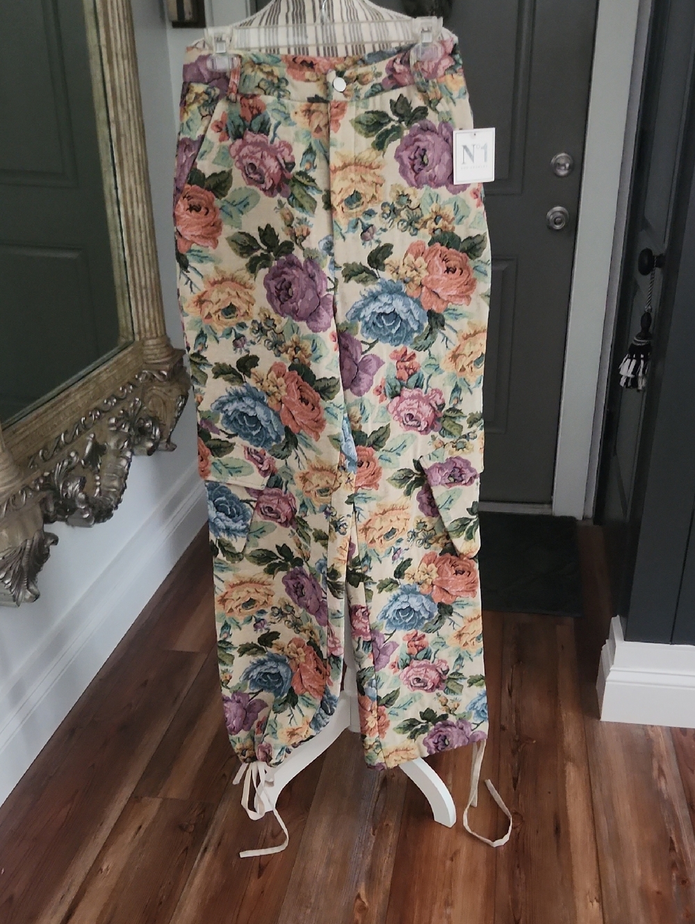 Floral Tapestry Wide-Leg Cargo  Drawstring Pants - Multicolor